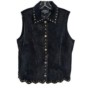 Montanaco black suede Western collared vest scalloped hem studs Large